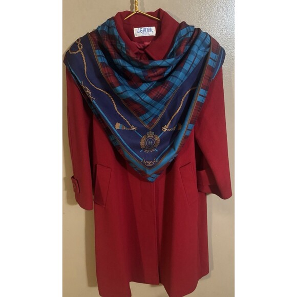 Vintage JG Hook Womens Long Red 100% Wool Pea Coat Size Petite With Scarf - Picture 1 of 13